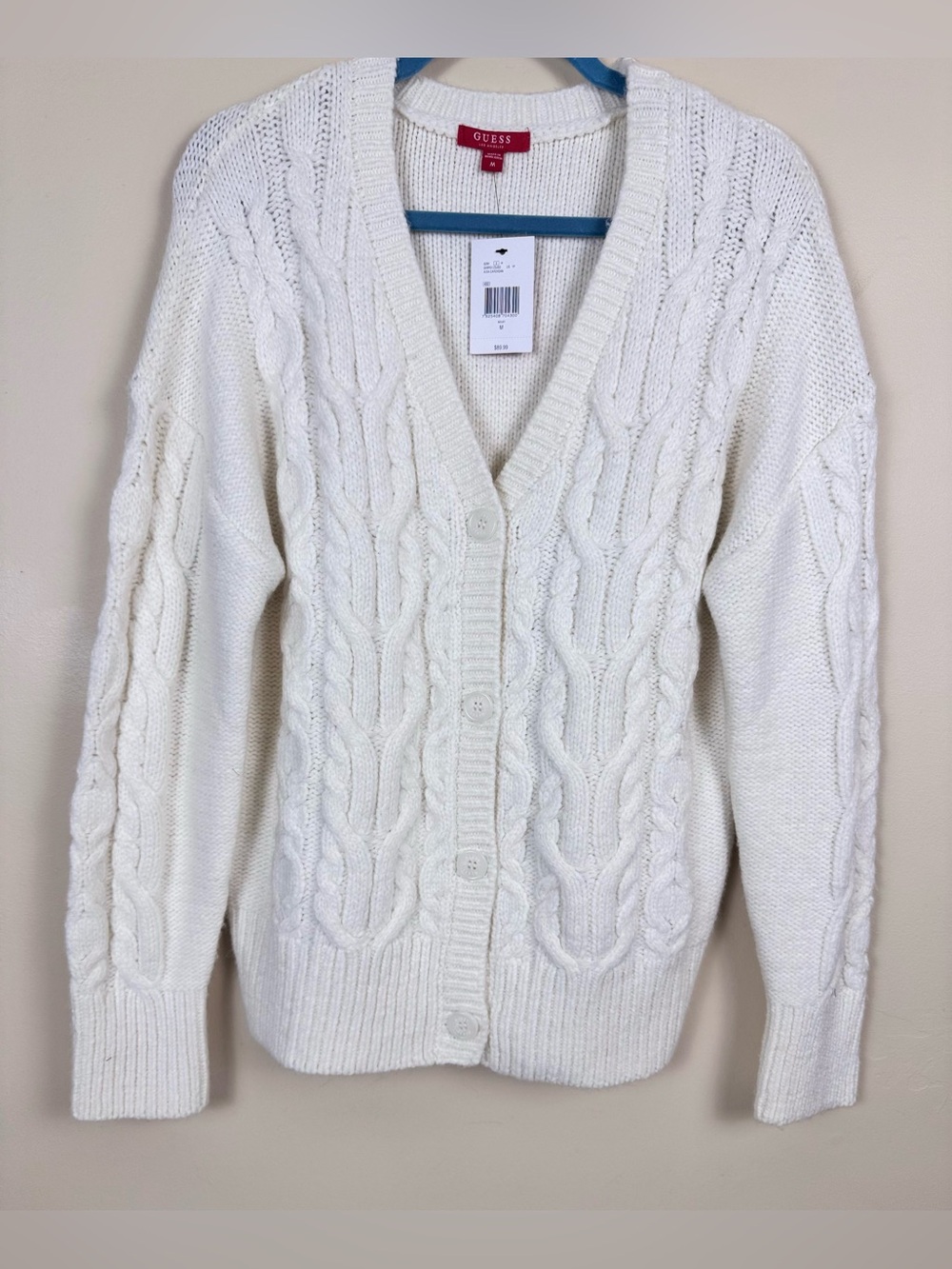 GUESS Cream Cable Knit Button-Up Cardigan Sweater